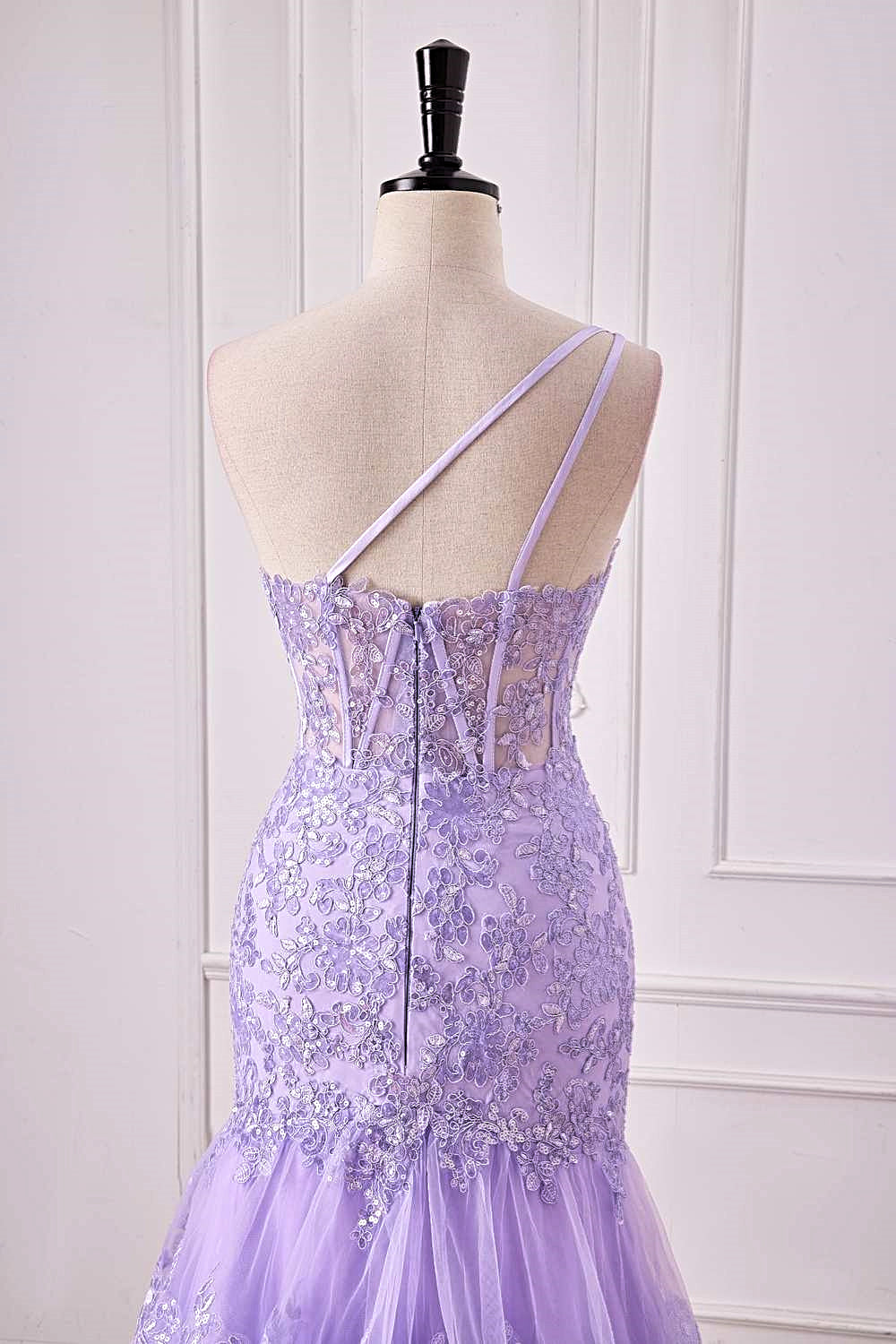 Mermaid One Shoulder Lavender Sequin Appliques Ruffle Prom Dress