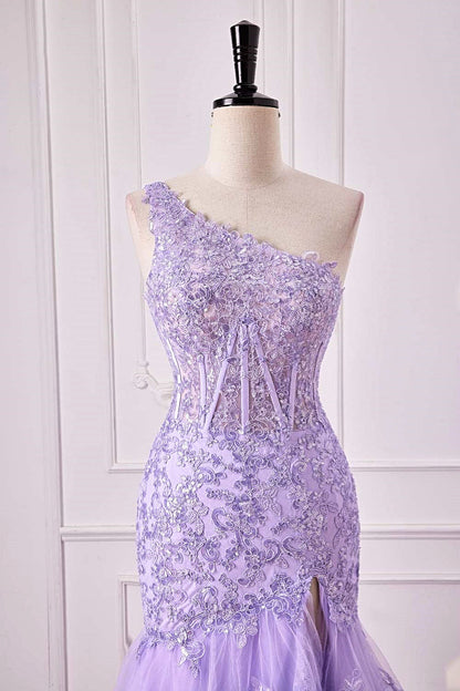 Mermaid One Shoulder Lavender Sequin Appliques Ruffle Prom Dress
