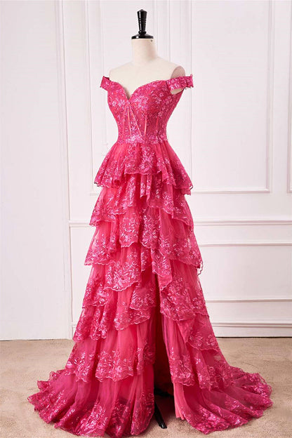 Off the Shoulder Hot Pink Sequin Tiered Prom Dress with Slit