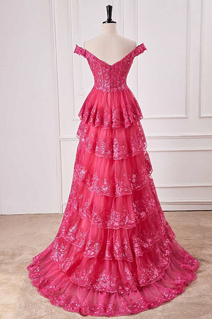 Off the Shoulder Hot Pink Sequin Tiered Prom Dress with Slit