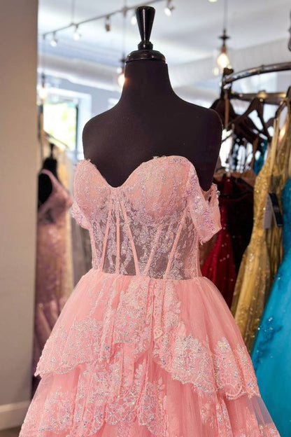Off the Shoulder Light Pink Corset Tiered Long Prom Dress
