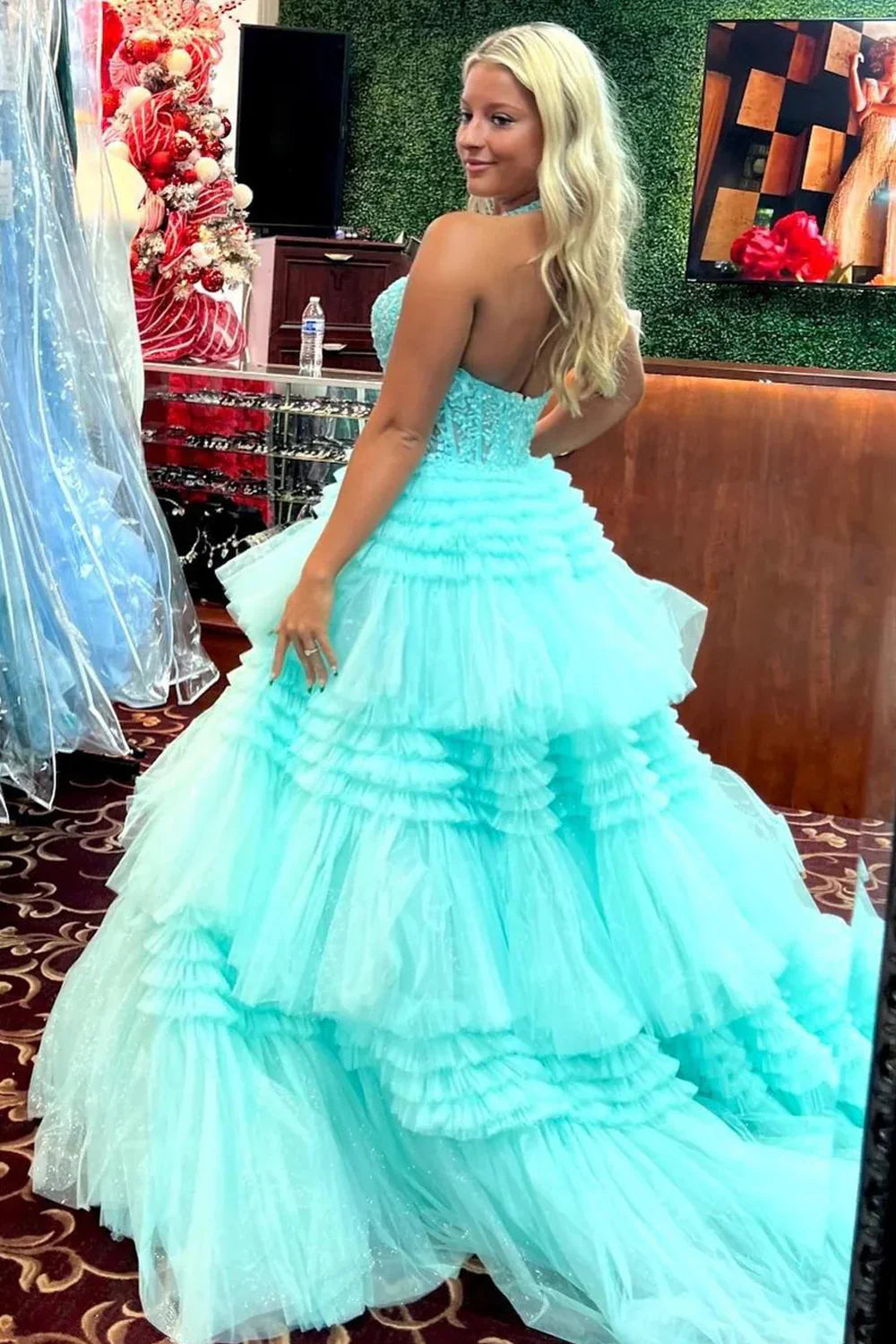 Halter Red Appliques Ruffle Tulle Prom Ball Gown