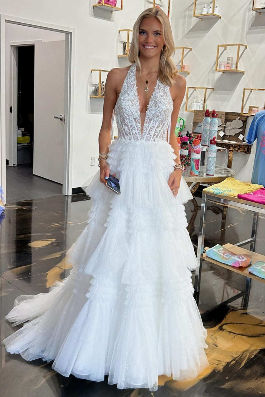 Halter Red Appliques Ruffle Tulle Prom Ball Gown