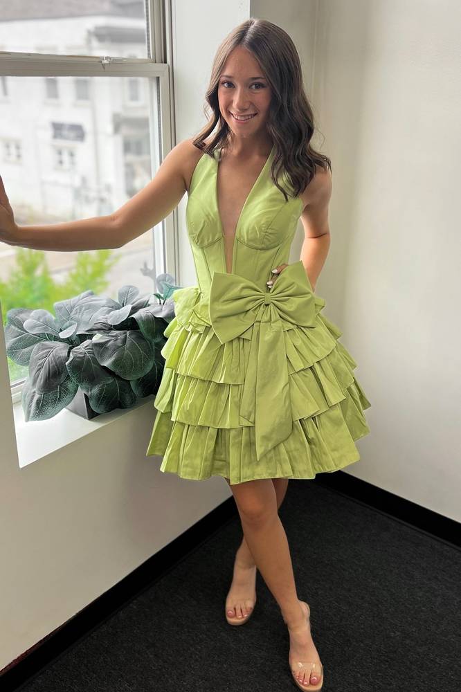 Halter Green Ruffle Homecoming Dress Plunging Neck with Bow