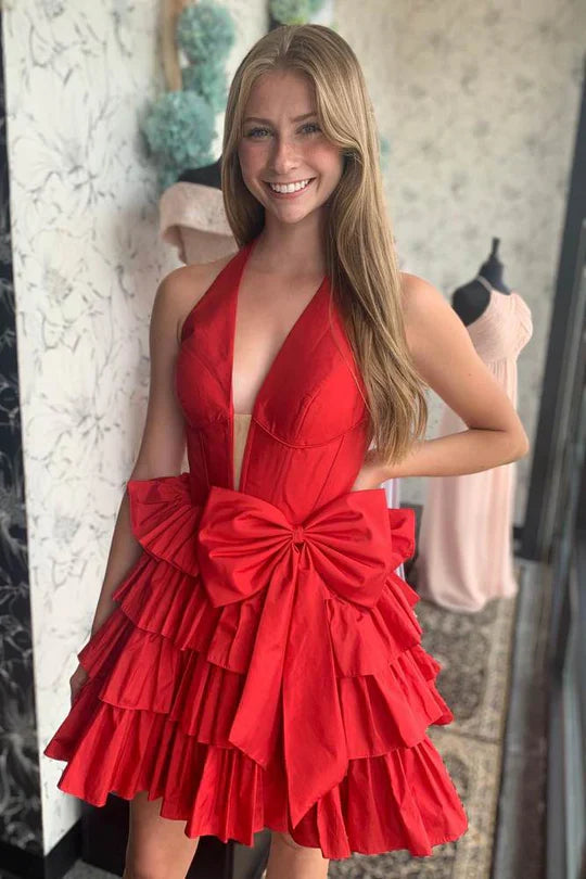 Halter Green Ruffle Homecoming Dress Plunging Neck with Bow