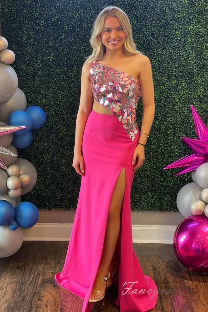 Royal Blue Sequin Cutout Mermaid Slit Prom Dress with One Shoulder
