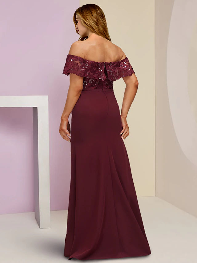 Plus Size Curve Mother of the Bride Dress Wedding Guest Party Elegant Off Shoulder Floor Length Chiffon Lace Short Sleeve with Sequin