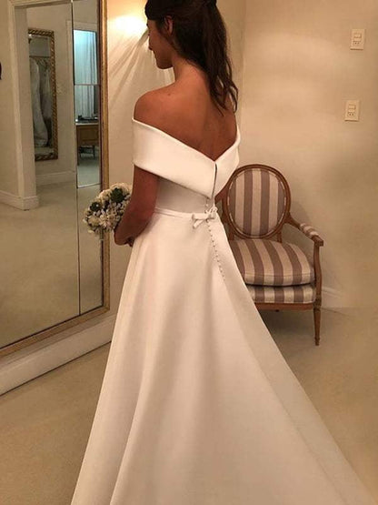 FY7279 Simple A Line Wedding Dresses Satin Off The Shoulder Wedding Dress