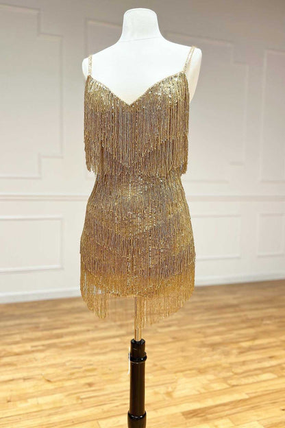 Gold V-Neck Blouson-Style Fringed Homecoming Dress