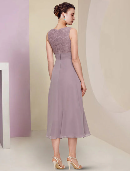Two Piece Mother of the Bride Dress Wedding Guest Church Elegant Jewel Neck Tea Length Chiffon Lace Half Sleeve with Solid Color