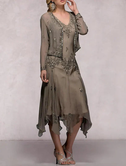 Two Piece A-Line Mother of the Bride Dress Formal Wedding Guest Elegant V Neck Tea Length Chiffon Sequined Long Sleeve Jacket Dresses