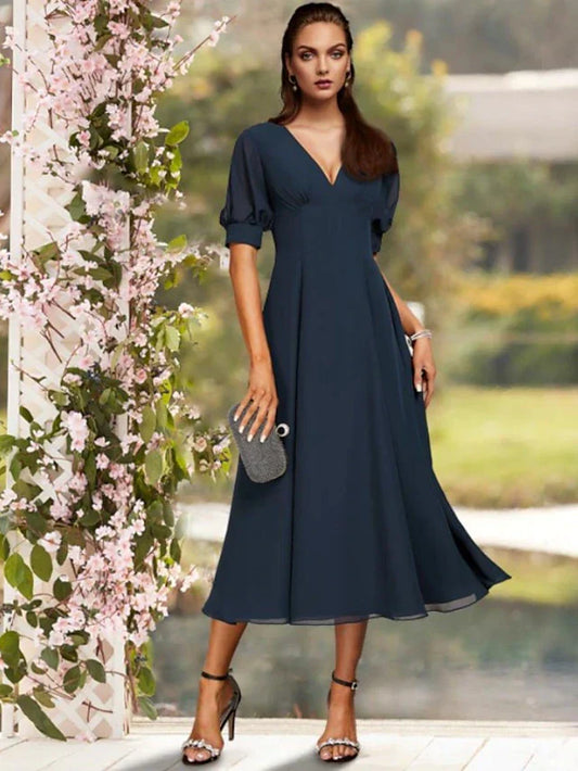 DingjiSheath / Column Mother of the Bride Dress Minimalist Elegant V Neck Tea Length Satin Short Sleeve with Ruching Solid Color