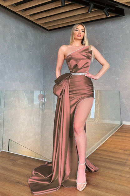 Glamorous Fuchsia Charmeuse Prom Dress High Slit with Flowing Train