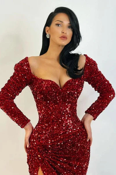 Vintage Glittering Beaded Prom Dress Sweetheart Long-sleeved Evening Gown Sheath High Slit Party Dress Long Formal Dress HZ1024