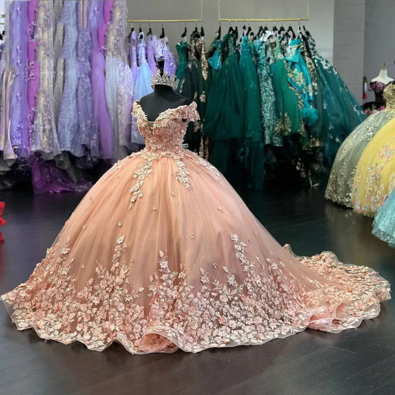 Glamorous Off-the-Shoulder Tulle Ball Gown Quinceanera Dresses with Floral Appliques