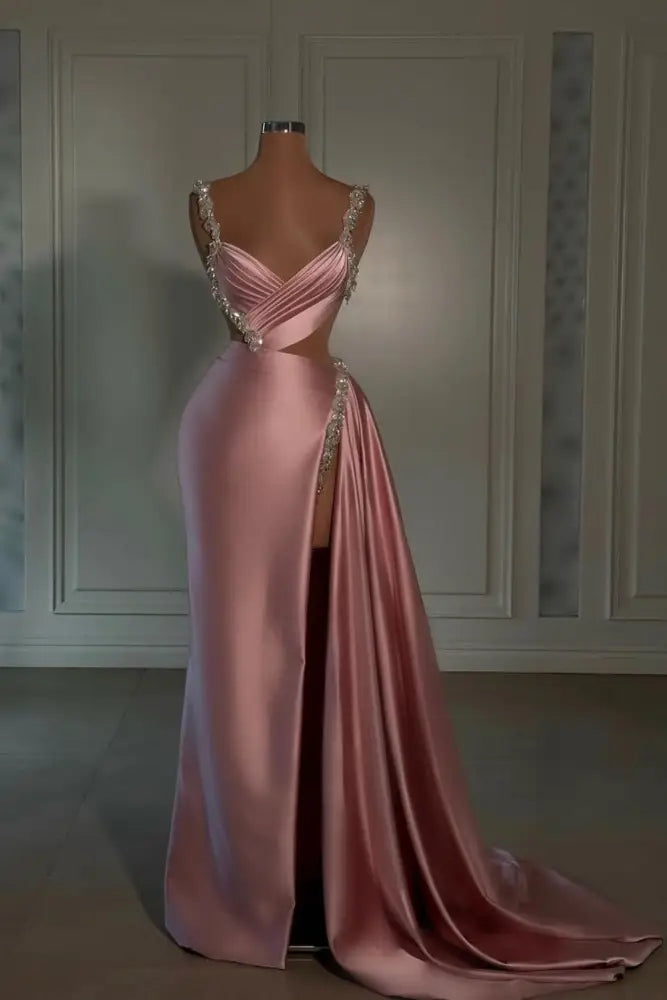 Glamorous Pink Prom Dress Sweetheart Spaghetti Strap with High Slit Trail