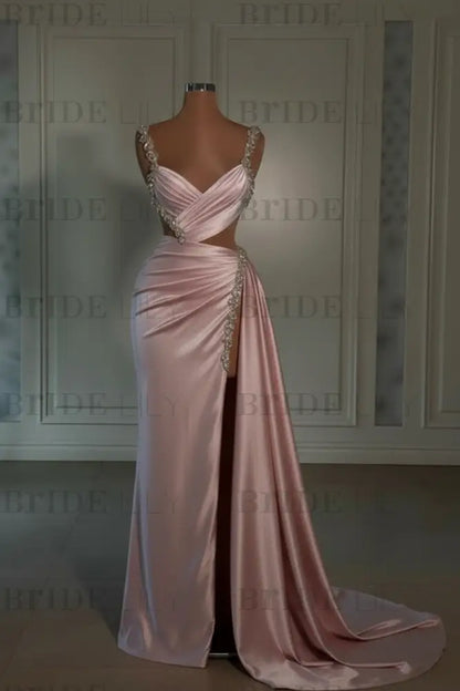 Glamorous Pink Prom Dress Sweetheart Spaghetti Strap with High Slit Trail