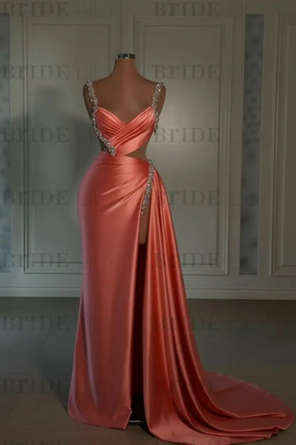 Glamorous Pink Prom Dress Sweetheart Spaghetti Strap with High Slit Trail