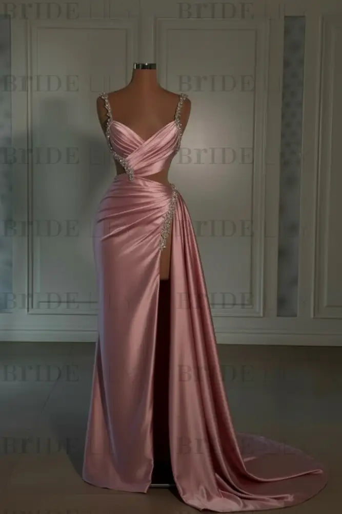 Glamorous Pink Prom Dress Sweetheart Spaghetti Strap with High Slit Trail