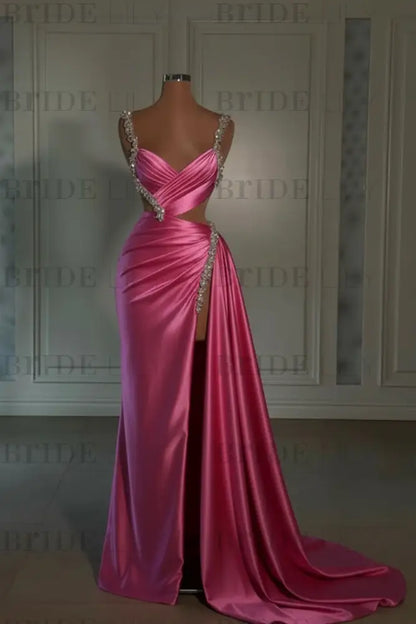 Glamorous Pink Prom Dress Sweetheart Spaghetti Strap with High Slit Trail