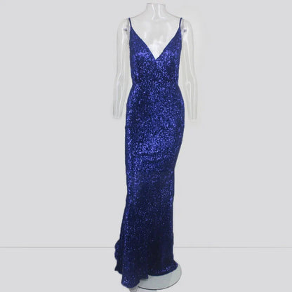Glamorous Spaghetti-Straps Sequins Navy Prom Dress Long Mermaid Evening Gowns