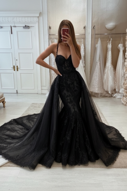 Glamorous Tulle Lace Mermaid Wedding Dress with Detachable Train