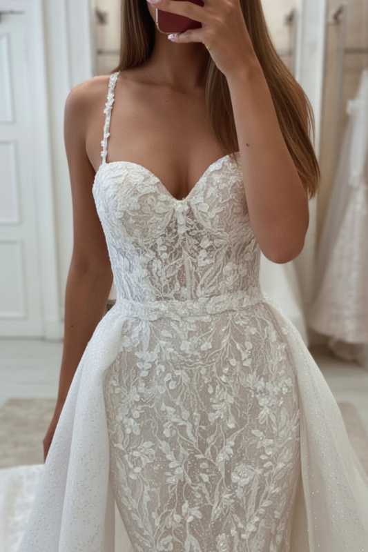 Glamorous Tulle Lace Mermaid Wedding Dress with Detachable Train