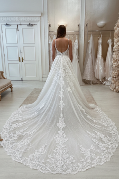 Glamorous Tulle Lace Mermaid Wedding Dress with Detachable Train