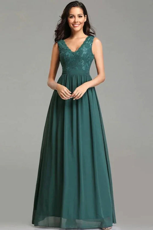 Glamorous V-Neck Sleeveless Lace Long Chiffon Evening Gowns