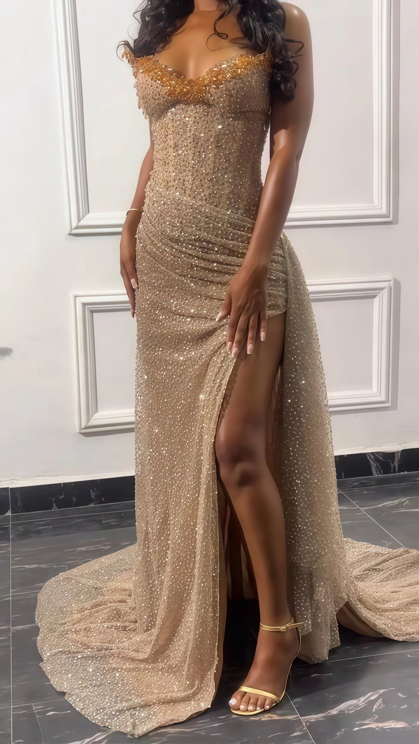 Gorgeous Champagne Strapless Evening Gown Leg Slit Mermaid Long Prom Dress