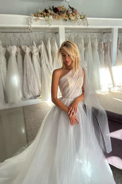 Glitter One Shoulder Bowknot Tulle Wedding Dress Bridal Gowns With Train White