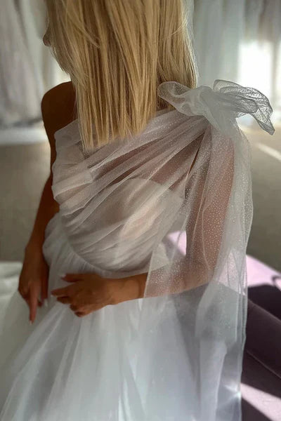 Glitter One Shoulder Bowknot Tulle Wedding Dress Bridal Gowns With Train White
