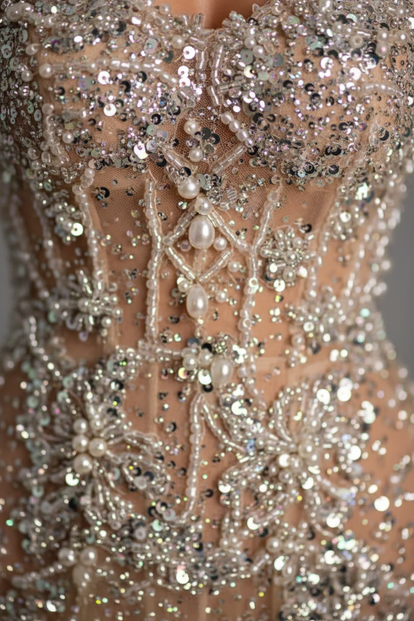Glitter Sequins High Split Prom Dress with Beadings