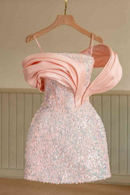 Glitter Sequins Pink Short Party Dress Spaghetti Straps Mini Homecoming Dress with Bow