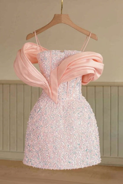Glitter Sequins Pink Short Party Dress Spaghetti Straps Mini Homecoming Dress with Bow