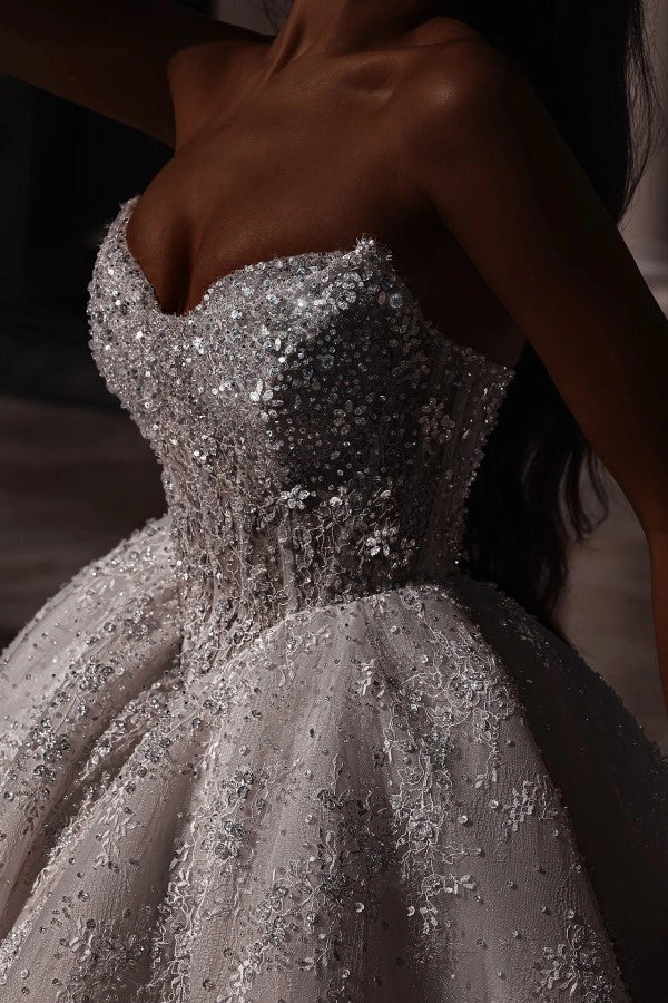 Luxury Glitter Strapless Aline Ball Gown Wedding Dress with Beadings