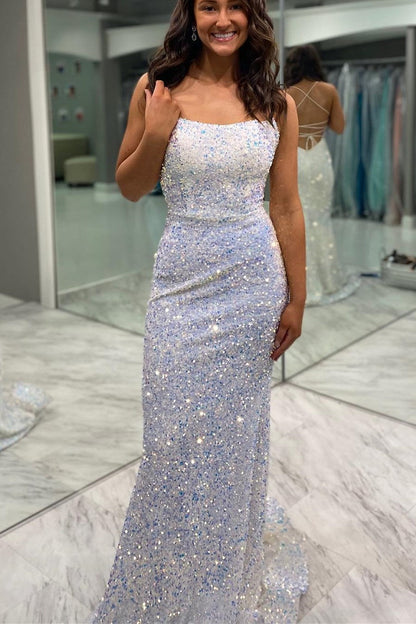 Glitter Mermaid Scoop Neck Full Sequins Long Formal Prom Dress