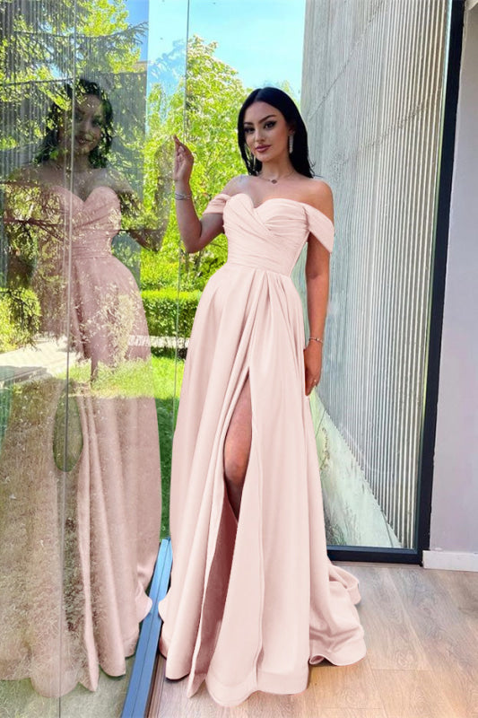 Glorious Dusty Pink Off-The-Shoulder Evening Dress Front Split Prom Dress Sweetheart