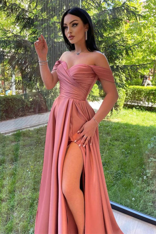 Glorious Dusty Pink Off-The-Shoulder Evening Dress Front Split Prom Dress Sweetheart