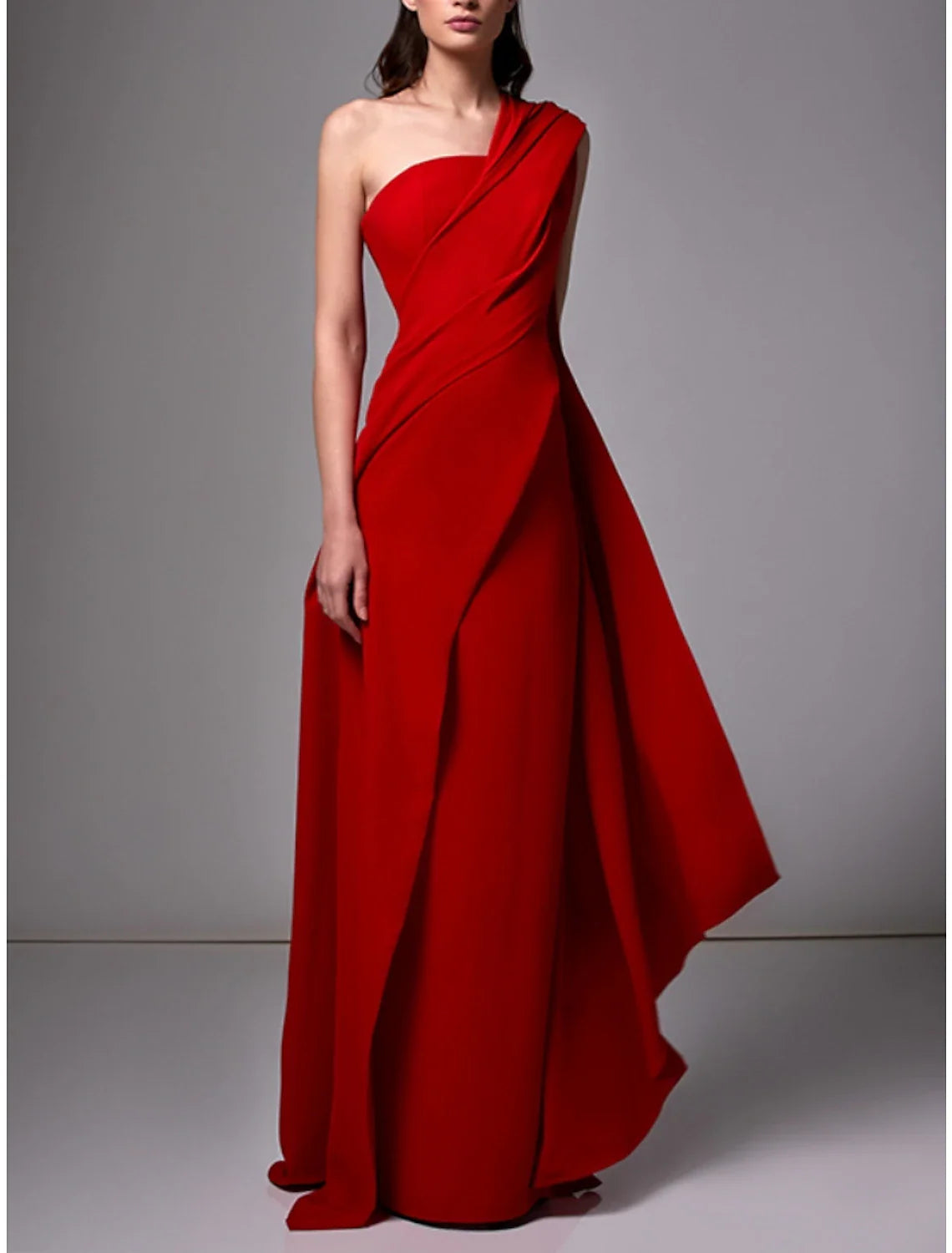 Sheath Evening Gown Red Green Dress Elegant Dress Formal Sweep / Brush Train Sleeveless One Shoulder Chiffon with Pleats Ruched