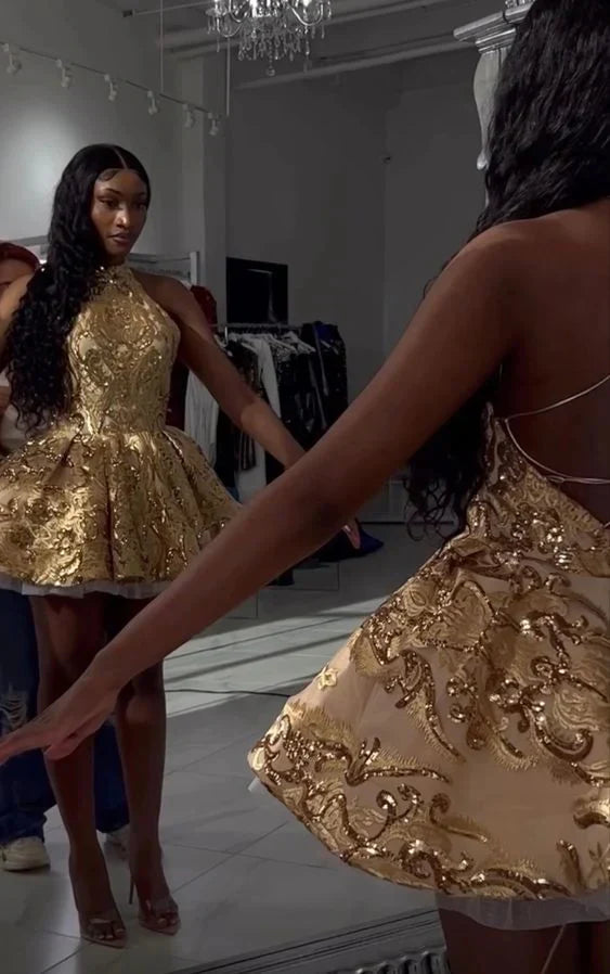 Vintage Gold High Collar Open Back Cross Pattern Sequin Waist A-line Birthday Party Homecoming Dress cc4685