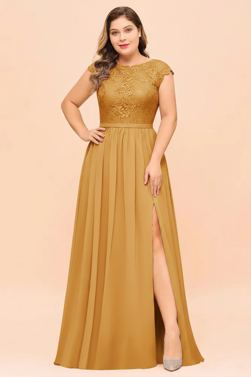 Plus Size Bridesmaid Dress Lace with Split Cap Sleeves Chiffon Wedding Guest Dress