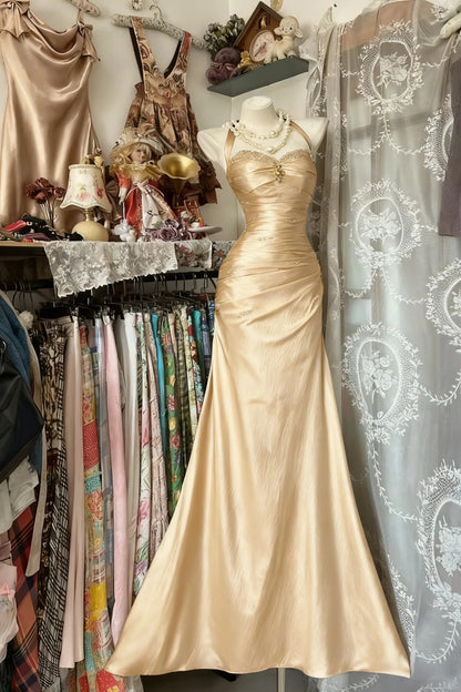 Vintage Halter Mermaid Long Prom Dresses Beaded Satin Blue Evening Dress Birthday Gown