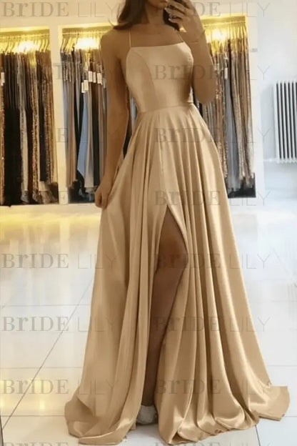 Simple Prom Dress Long With Spaghetti Straps Front Slit Satin Evening Dress