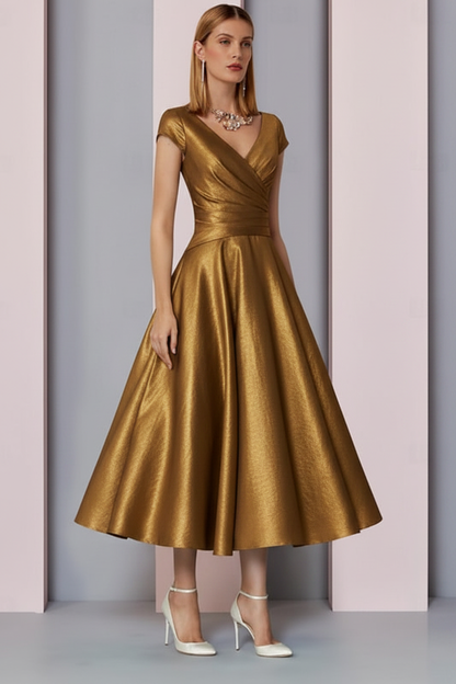 Navy Satin A-Line Mother of the Bride Dress V Neck Tea Length Wedding Guest Dress