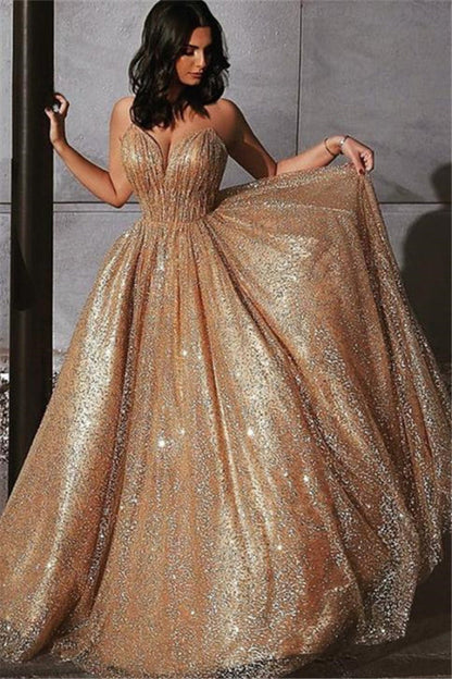 Gold Sequins Long Prom Dress Spaghetti Straps Aline Evening Dress Sweetheart