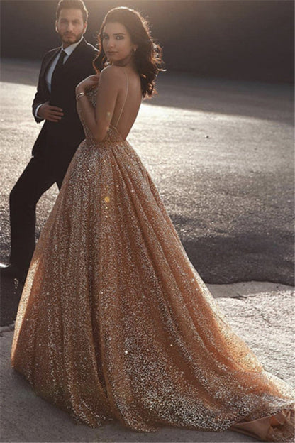 Gold Sequins Long Prom Dress Spaghetti Straps Aline Evening Dress Sweetheart