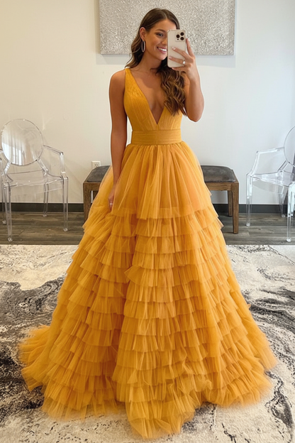 V Neck Layered Tulle Long Prom Dresses Orange Aline Formal Evening Dresses