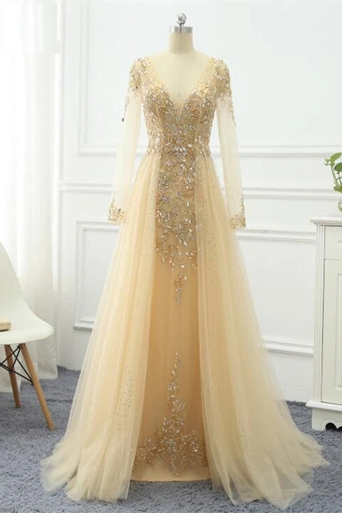 Gorgeous Sheer Long Sleeves Beaded Prom Dress