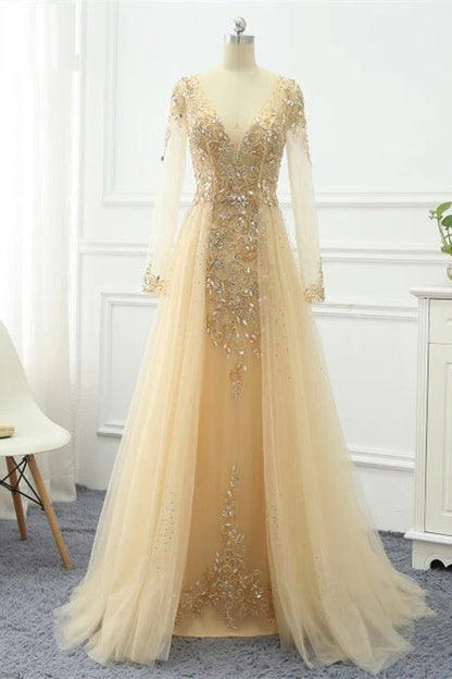 Gorgeous Sheer Long Sleeves Beaded Prom Dress
